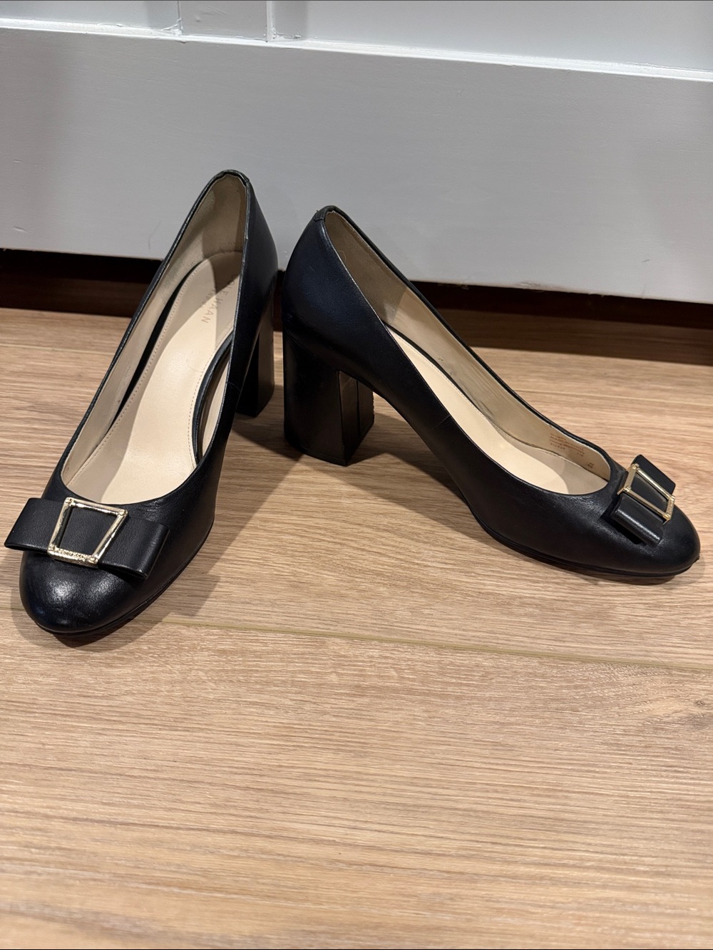 Black Block Heel Pumps with Gold Buckle Accent